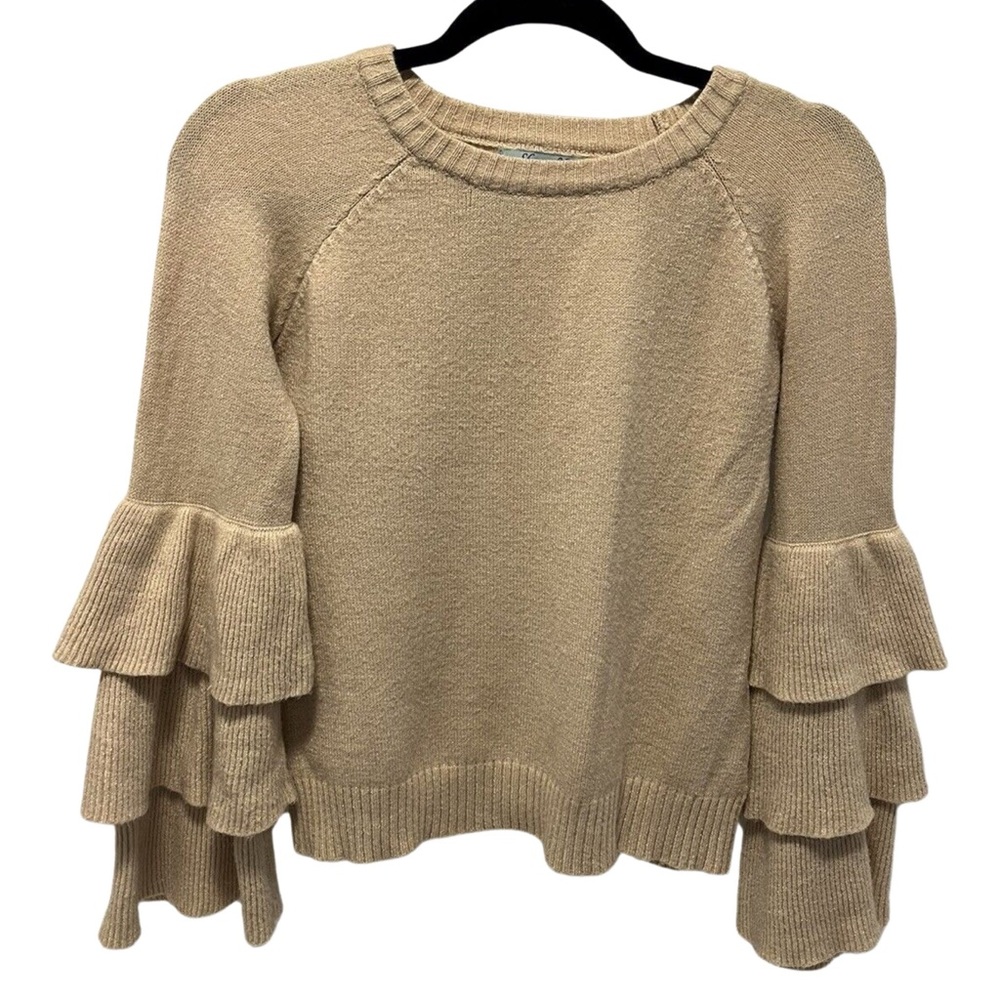 She + Sky Triple Ruffle Bell Sleeve Sweater in Beige / Tan